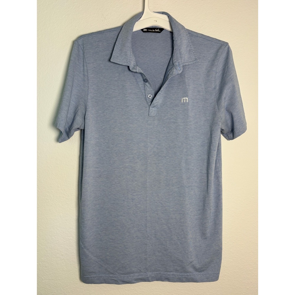 TravisMathew Mens Medium Blue Heathered Short Sleeve Golf Polo Shirt M Logo
